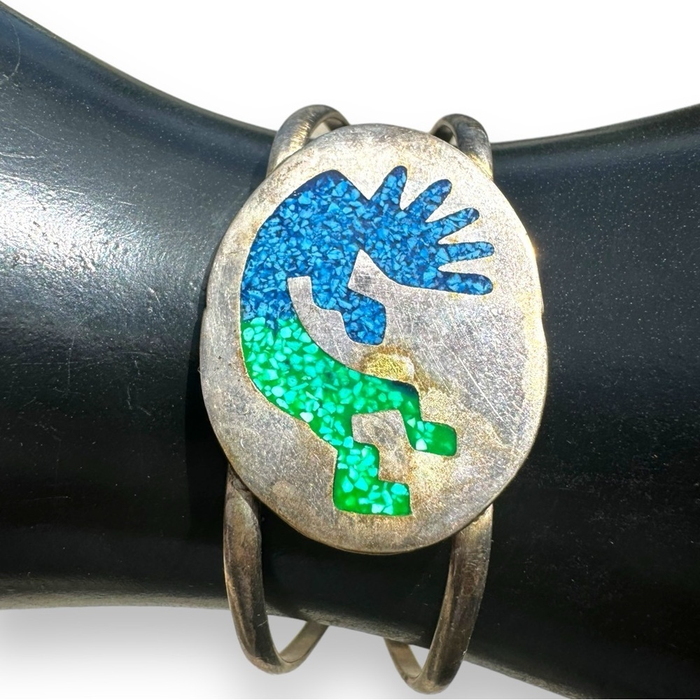 Vintage Alpaca Kokopelli Turquoise Silver Cuff Bracelet